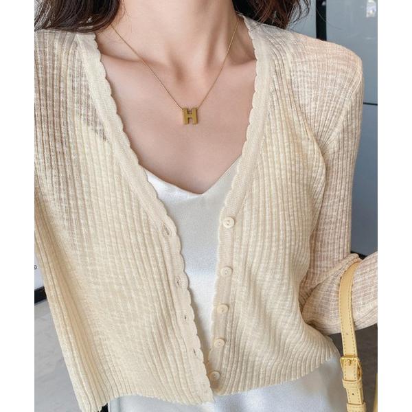 カーディガン 透かし リブVネックカーディガン レディース