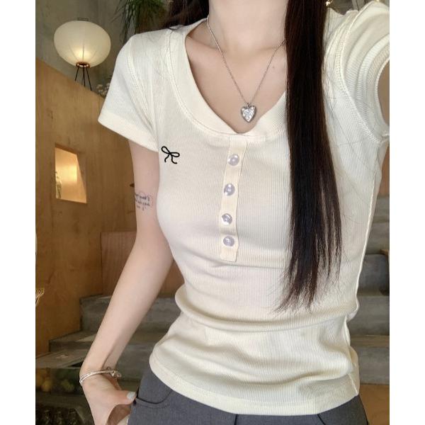 tシャツ ワンポイント リボン刺繍 ヘンリーネックTシャツ レディース