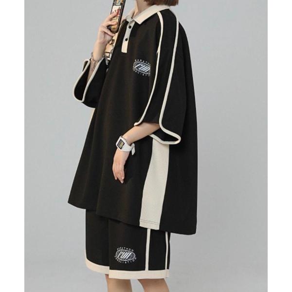 ジャージ 「ユニセックス」ビッグシルエット ポロシャツ 袖ラインジャージセットアップ / 上下セット...