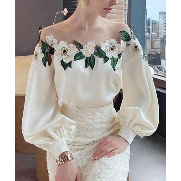 ブラウス シャツ フラワーモチーフ刺繍切り替えバルーン袖ブラウス レディース