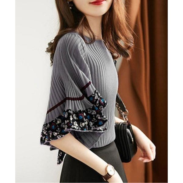 ブラウス シャツ フレアスリーブ花柄五分袖切替リブニット レディース