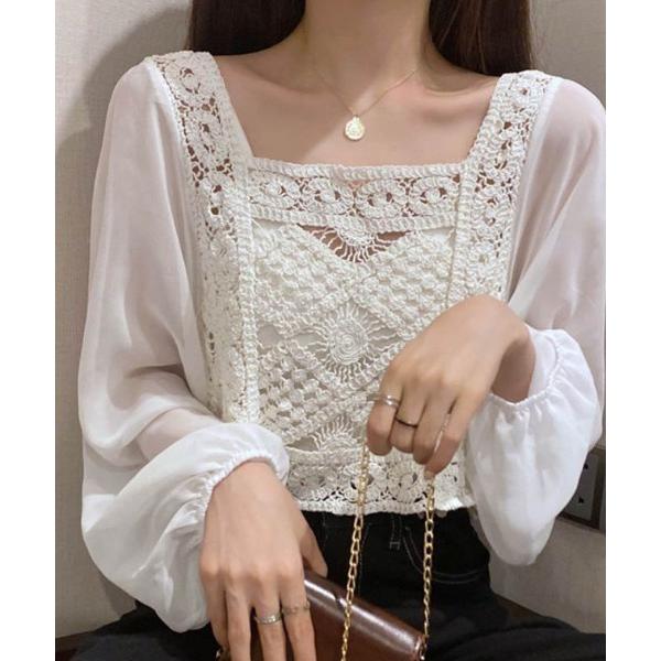 ブラウス シャツ 夏は涼しく上品に。夏服にピッタリなクロシェ編みシアー素材ボリュームスリーブショート...