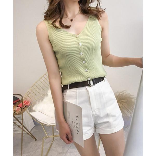 タンクトップ ノースリーブ ボタンデザインVネックニットタンクトップ レディース