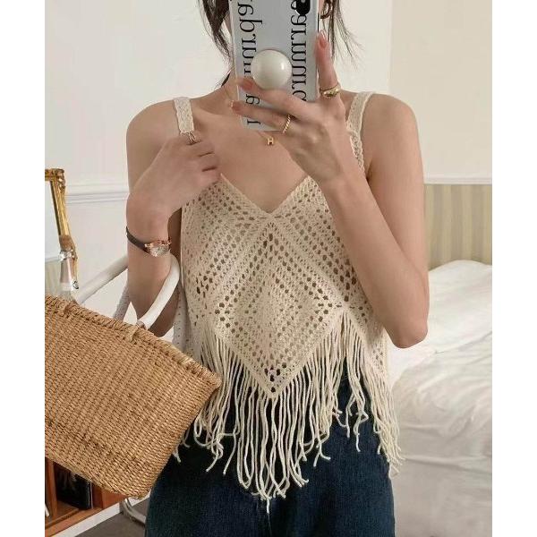 タンクトップ ノースリーブ タッセルデザインニットベスト ベスト・ビスチェ レディース