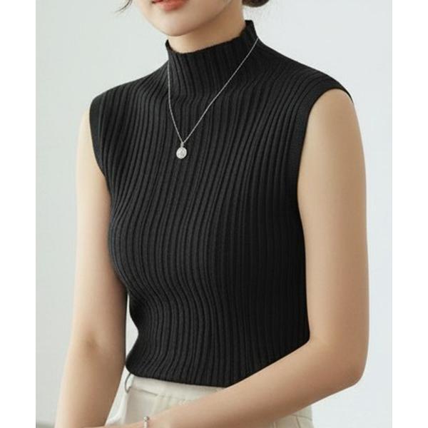 ニット セーター リブデザインが上品な夏服。ボトルネックノースリーブでイージーケアだからデイリーに着...
