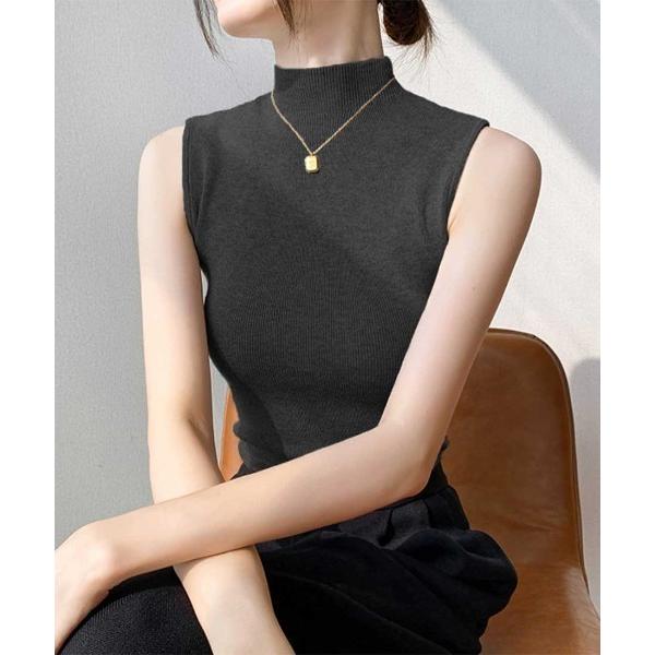 タンクトップ ノースリーブ 夏の美シルエット×上品デザイン／スッキリ見えキレイ目ボトルネックノースリ...
