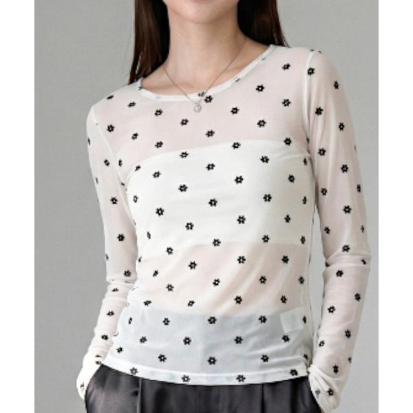 tシャツ シアーフラワーフロッキープルオーバー 透け感トップス／花柄シアー／長袖レイヤード/ドット ...