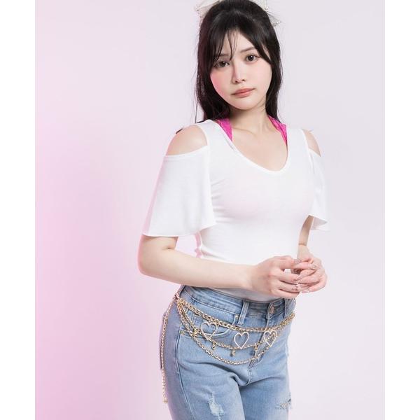 tシャツ 背中開きビジューバックルセクシーリボン姫ギャルトップス レディース