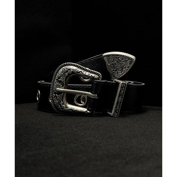 ベルト 5A23 シルバーバックル スタッズ フラワー ウエスタンベルト 黒 メンズ レディース