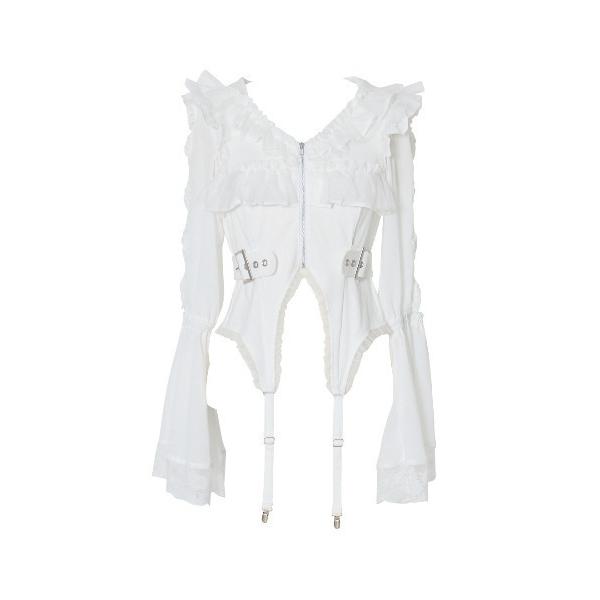 パーカー Flared sleeve ribbon and frill zip tops レディース