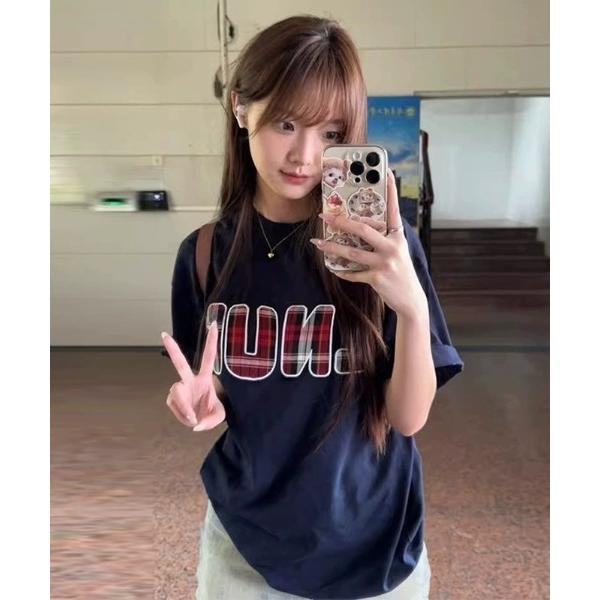 tシャツ チェック ロゴ プリント 古着風 Tシャツ 韓国ファッション 韓国ストリート ストリートフ...