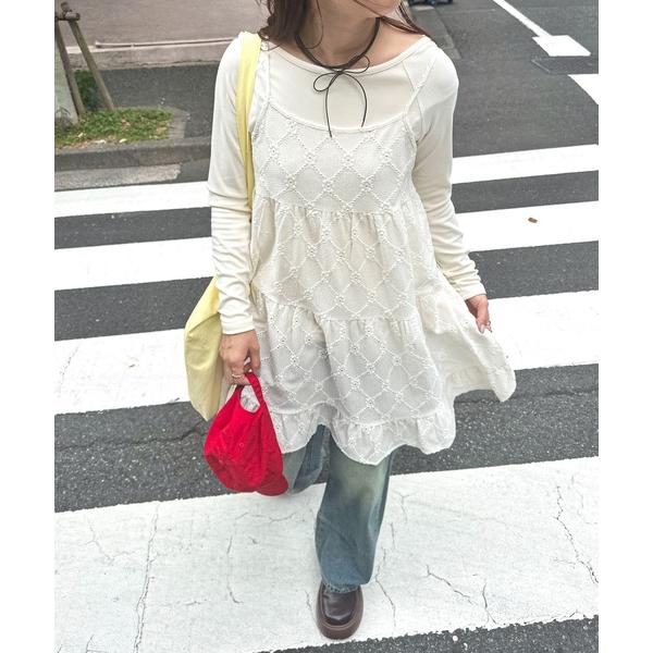 ワンピース カットレース ティアードキャミワンピース