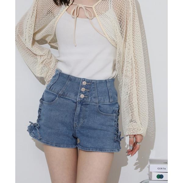 ジーンズ デニム デニムパンツ .worksレースアップ3個釦ショート レディース