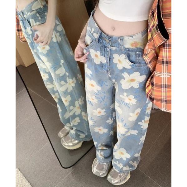 ジーンズ デニム デニムパンツ ペイントフラワーデザインデニムパンツ レディース