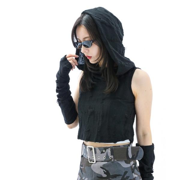 tシャツ ノースリーブダメージフーディトップ レディース