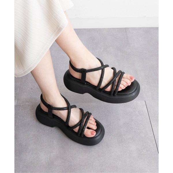 サンダル 厚底ラウンドコンフォートラインストーンサンダル レディース