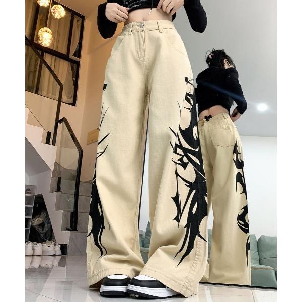 ジーンズ デニム デニムパンツ サイドトライバルプリントワイドパンツ レディース
