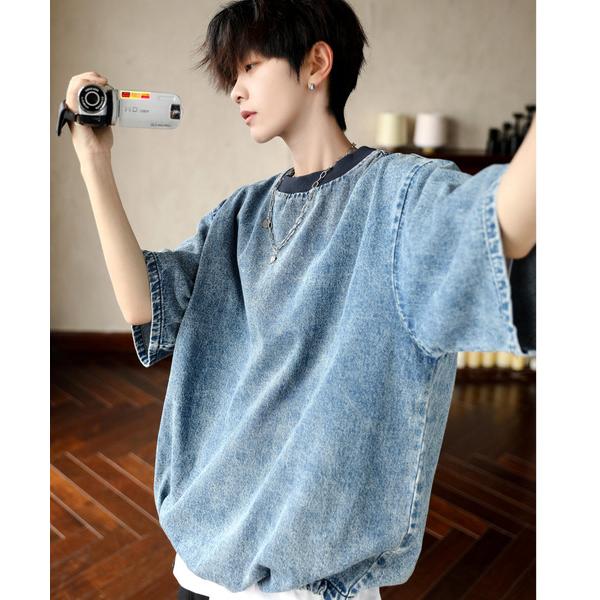 tシャツ 「neos」ルーズシルエット ビンテージライク ドローコード ハーフスリーブ デニム Tシ...
