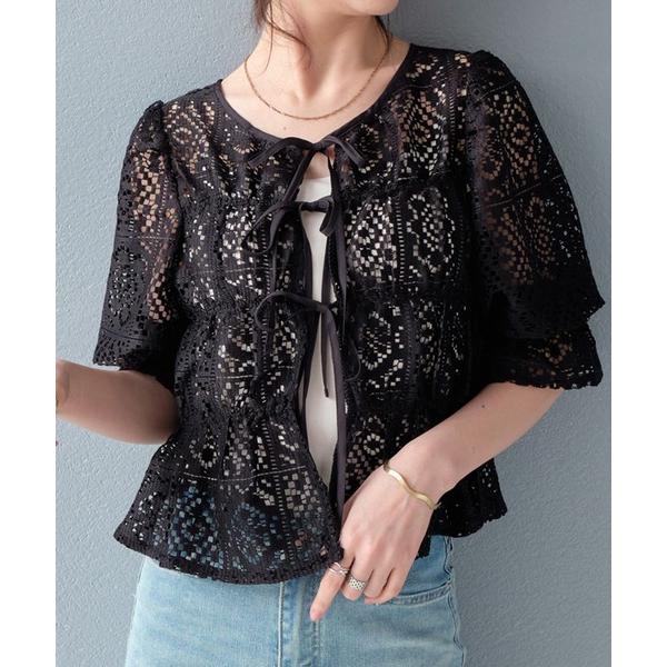 ブラウス シャツ クロシェットレースシャーリングトップス レディース