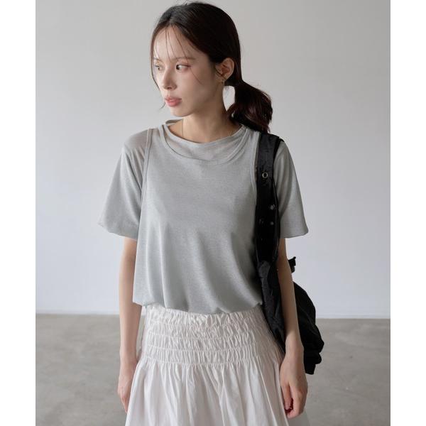 tシャツ パステルキャンディレイヤードシースルーバルーンセミクロップドTシャツブラウスカットソー レ...