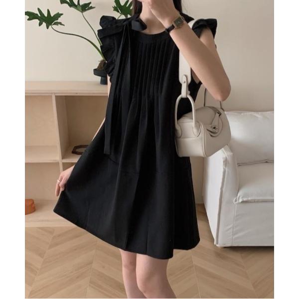 ワンピース エレガントなフリルとタイ プリーツ ミニドレス「韓国ファッション」