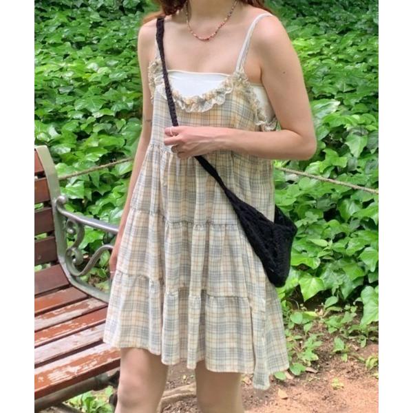 ワンピース 「春夏新作」チェックフリルティアードキャミミニワンピース  ストラップ調整可能 レイヤー...