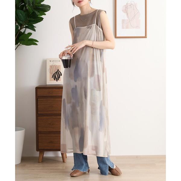 ワンピース 水彩総柄 シアーキャミワンピース