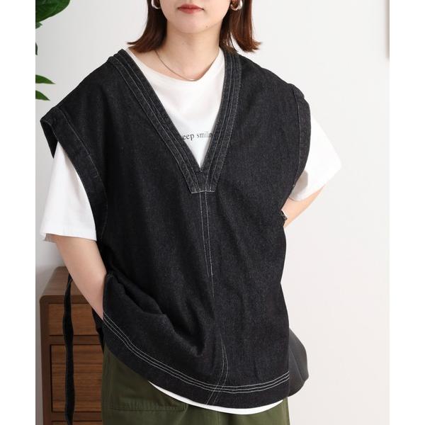 ベスト ジレ サイドベルト デニム Vネックベスト レディース