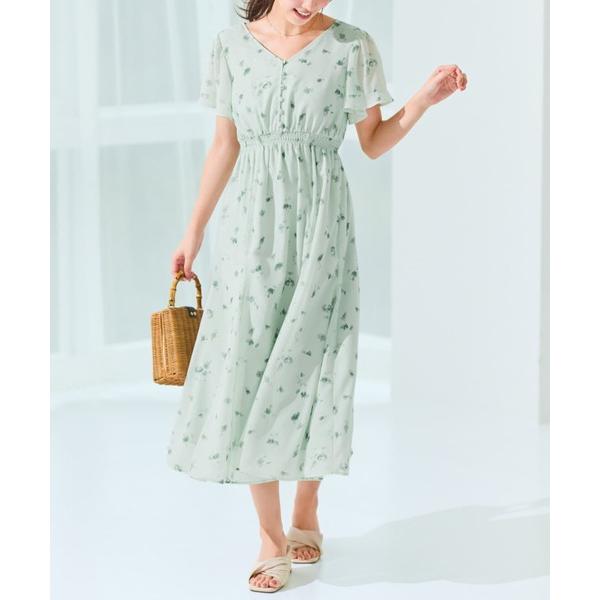 ワンピース シャドーフラワーマチフレアワンピース  「低身長・小柄女性」