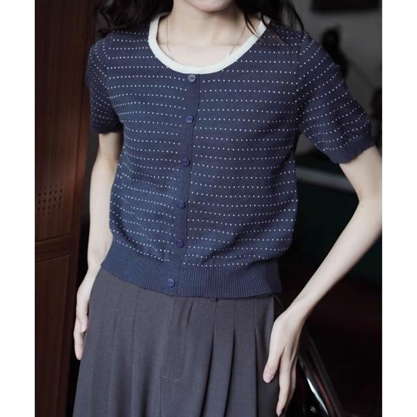 カーディガン 配色ラインショートスリーブニットカーディガン (SS) レディース