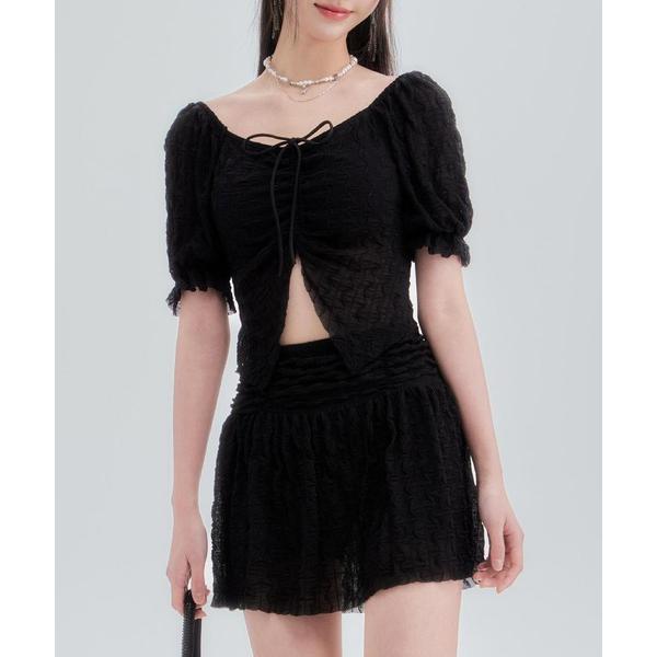 水着 「2点セット」フロントシャーリング シアー パフスリーブ セパレート 水着 レディース