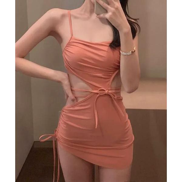 水着 「2点セット」サイドオープン ドローストリング ワンピース ショーツ付き セパレート水着 レデ...