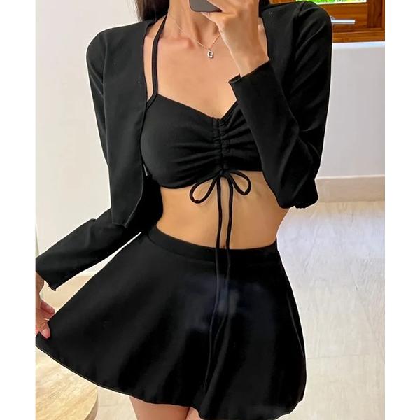 水着 「3点セット」フロント シャーリング ラッシュガード付き ビキニ 水着 レディース