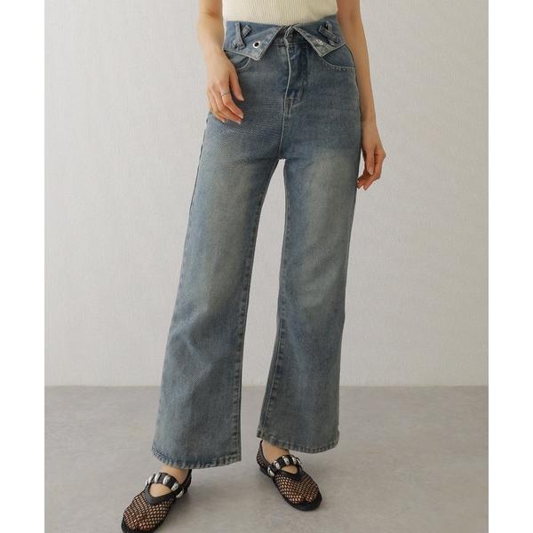 ジーンズ デニム デニムパンツ ウォッシュ加工 ハイウエスト 折り返し フレア デニムパンツ レディ...