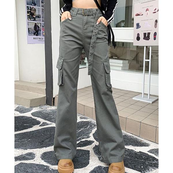 カーゴパンツ ハトメ ベルト付き ハイウエスト フレア カーゴパンツ レディース