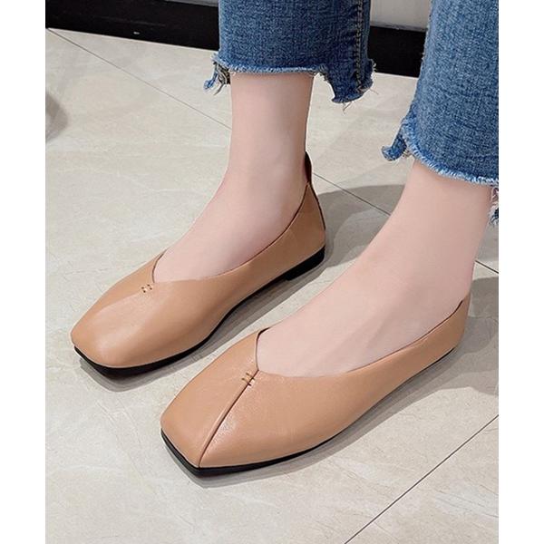 パンプス スクエアトゥ レザー調 ローヒール ステッチ パンプス
