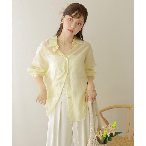ブラウス シャツ back slit satin like sheer shirt /サテン調 シア...