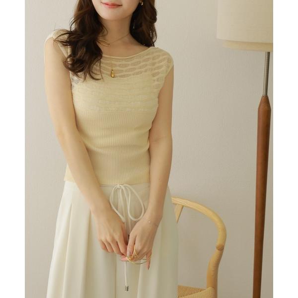ニット セーター openwork sleeveless knit/透かし編み リブ切り替え ノース...