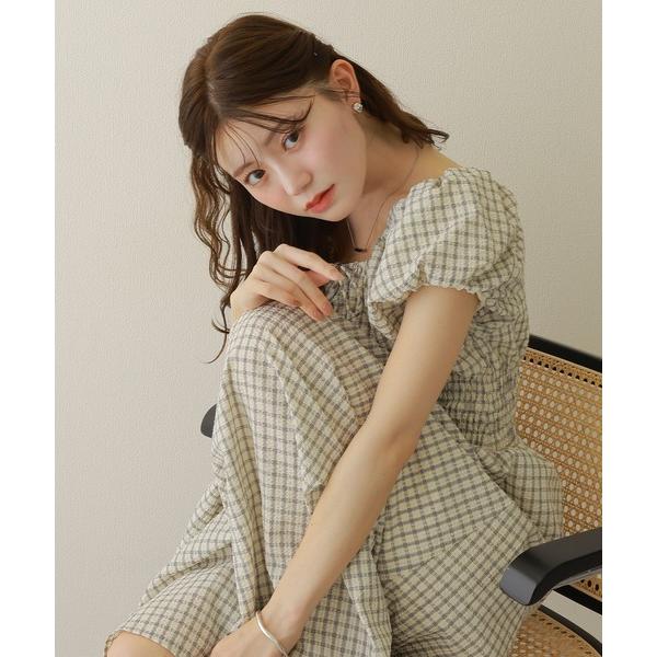ワンピース check shirring puff sleeves dress /チェック柄 ウエス...