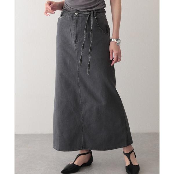 スカート リボン ベルト付き Iライン マキシ スカート