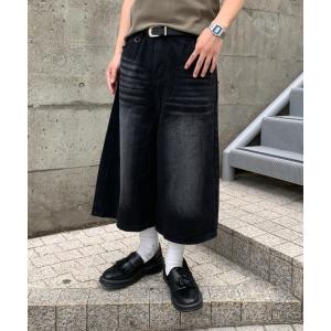 ワイドパンツ ジーンズ ヴィンテージ加工デニムクロップドパンツ バギーショーツ デニムショートパンツ メンズ レディース