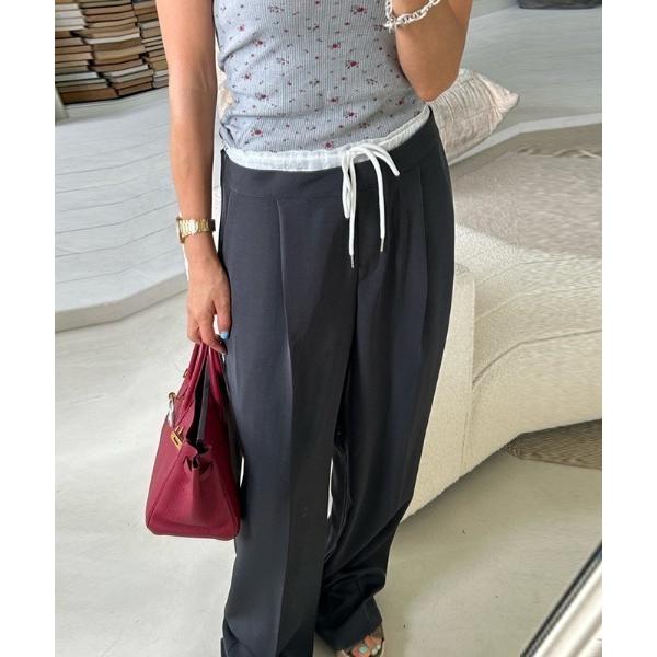 スラックス パンツ レイヤード無地ダブルウエストイージースラックス レディース