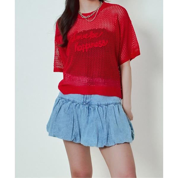 ニット セーター 「刺繍ロゴ×ざっくり編み」ショート丈プルオーバー レディース