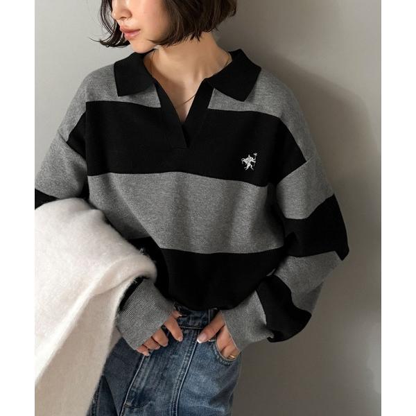 ニット セーター 「JaVaジャバコラボ」大人の抜け感をプラス胸刺繍ハーフミラノスキッパーニット レ...