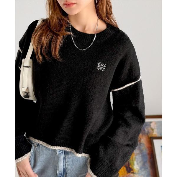 ニット セーター 「mily bilet」シンプルながらも個性が引き立つ。アウトリンキング胸刺繍ミッ...