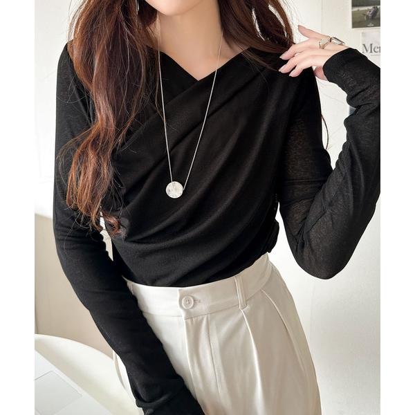 tシャツ 大人のとろみ×透け感。女性らしさが香り立つ。スラブシアードレープトップス（長袖） レディー...