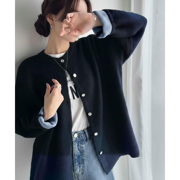 カーディガン 絶妙な配色がお洒落心をくすぐる！ダブルフェイスフェザーカーディガン レディース
