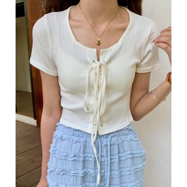 tシャツ レースアップショートリブTシャツ レディース