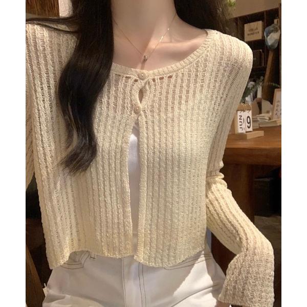 カーディガン 透かし編み丸首シアーカーディガン レディース