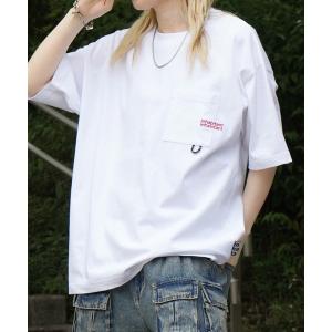 tシャツ 「INHABITANT」ビッグシルエット ワンポイント刺繍 ポケット 半袖Tシャツ カットソー ユニセックス メンズ レディース